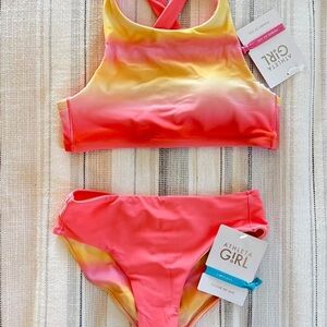 Athleta Girl Reversable Two Piece Pink Coral Yellow Kids Swim Set sz M 8 10